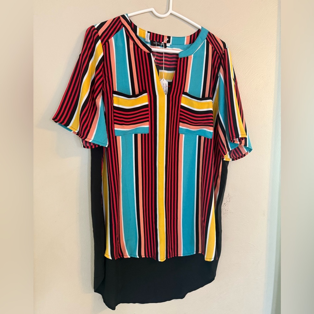 Angela Plus blouse womens 1X colorful rainbow bright fun stripes light flowy NWT